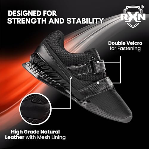 RXN Hercules Weightlifting Shoes for Men and Women - for Powerlifting, Deadlifting & Crossfit - Strap and Lace-Up Gym Shoes - Non-Slip Olympic Lifting (Black/Black, 11) - Image 4