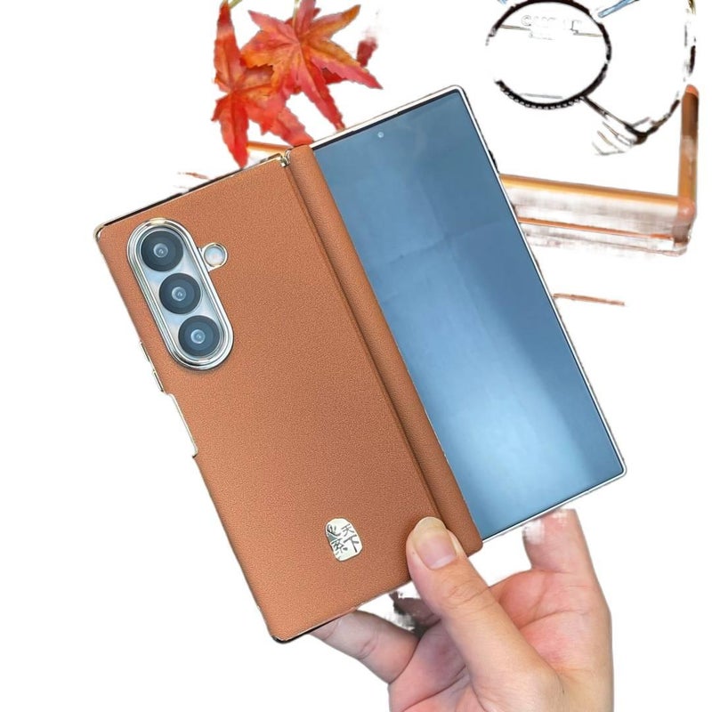 Leather Protective Texture for Samsung Galaxy Z Fold 7 with Dual Hinge and Texture and Electroplated Edge in Elegant Brown - Image 1
