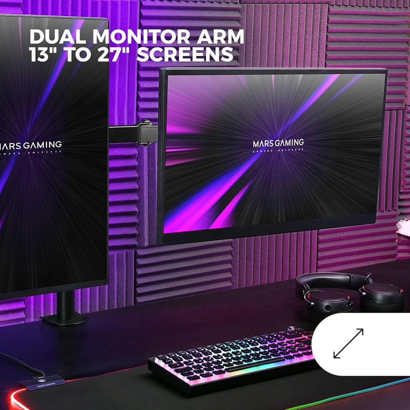 MARS GAMING MARM2 Black, Dual Arm Monitor Mount for Screens up to 27", Articulating and Height Adjustable, Sturdy Frame, VESA75 and VESA100 Compatible - Image 2