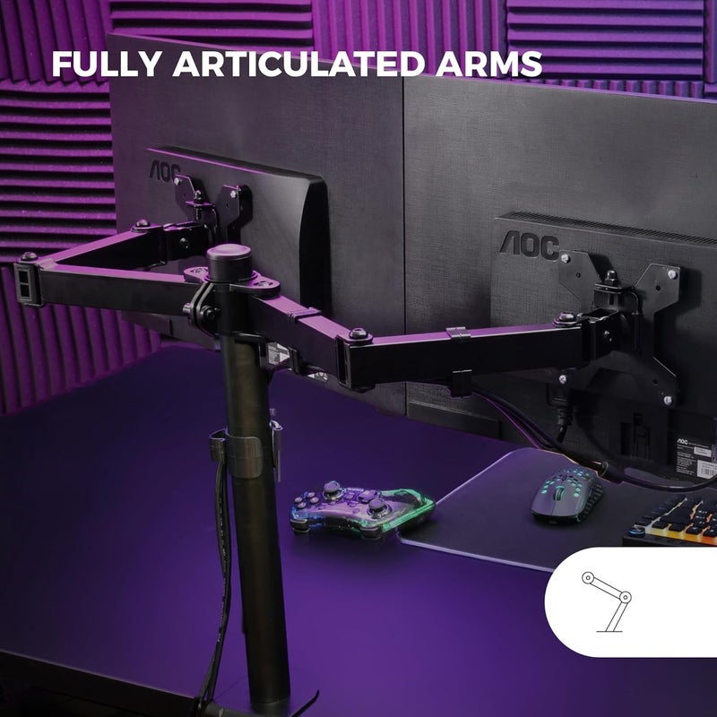 MARS GAMING MARM2 Black, Dual Arm Monitor Mount for Screens up to 27", Articulating and Height Adjustable, Sturdy Frame, VESA75 and VESA100 Compatible - Image 3