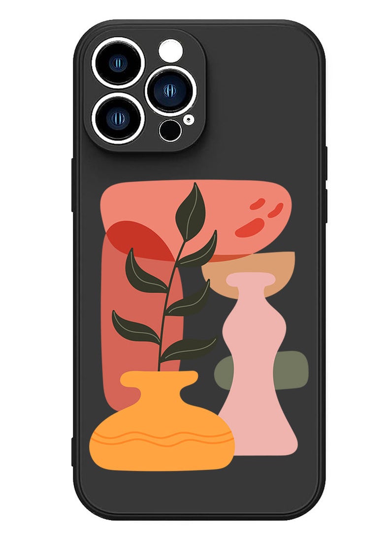 Theodor - Protective Slim Fit Case Liquid Silicone Cover with Full Body Protection Anti-Scratch Shockproof Case For iPhone 13 Pro Black  - Vase with Leaf2 - Image 1