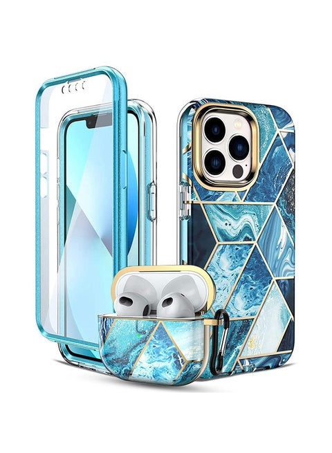 Marble Bundle for iPhone 14 Pro Max Case & Airpods Pro 2 Case/Airpods Pro 2nd Generation Case Full-Body Smooth Gloss Finish Marble Shockproof Bumper Stylish Cover for Women Girls - Blue