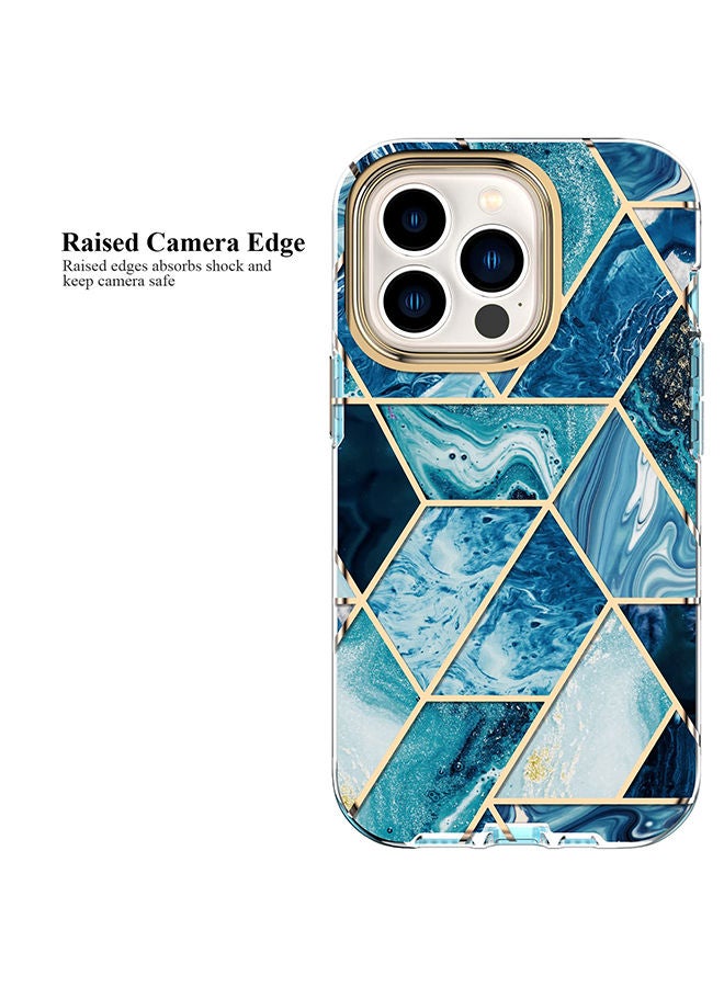 Marble Bundle for iPhone 14 Pro Max Case & Airpods Pro 2 Case/Airpods Pro 2nd Generation Case Full-Body Smooth Gloss Finish Marble Shockproof Bumper Stylish Cover for Women Girls - Blue