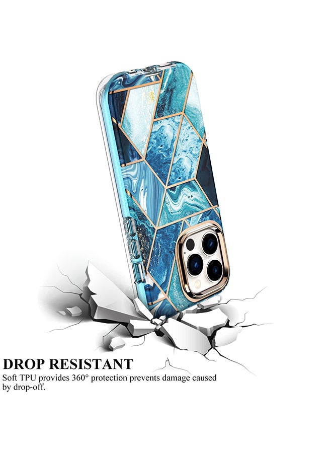 Marble Bundle for iPhone 14 Pro Max Case & Airpods Pro 2 Case/Airpods Pro 2nd Generation Case Full-Body Smooth Gloss Finish Marble Shockproof Bumper Stylish Cover for Women Girls - Blue