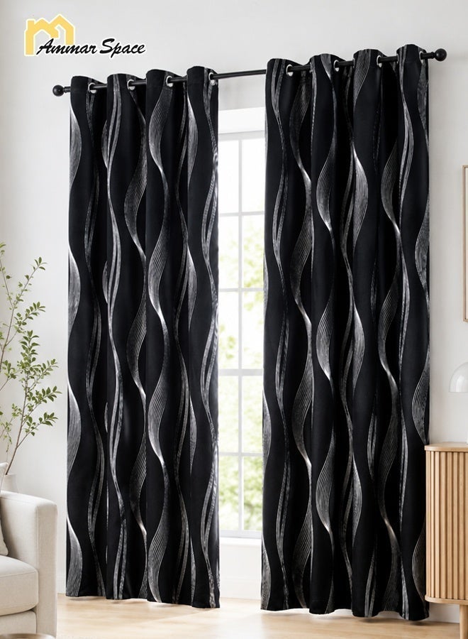 Ammar Space Blackout Curtain, 1 Panel Silver Wave Pattern Thermal Insulated Room Darkening Curtain with Metal Grommet Top, Privacy Window Drapes for Bedroom Living Room, Black, [132*213CM] - Image 3