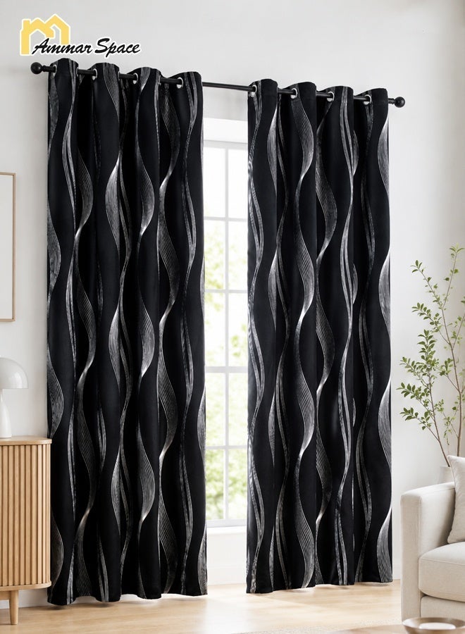 Ammar Space Blackout Curtain, 1 Panel Silver Wave Pattern Thermal Insulated Room Darkening Curtain with Metal Grommet Top, Privacy Window Drapes for Bedroom Living Room, Black, [132*213CM] - Image 2