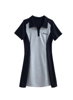Women's Large Size Color-block Polo Collar Short-sleeved T-shirt Dress For Chubby Girls Women's Tight Waist Slimming Spice Girl A- Line Dress