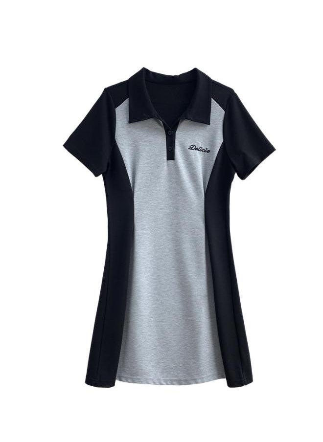 Generic - Women's Large Size Color-block Polo Collar Short-sleeved T-shirt Dress For Chubby Girls Women's Tight Waist Slimming Spice Girl A- Line Dress - Image 1