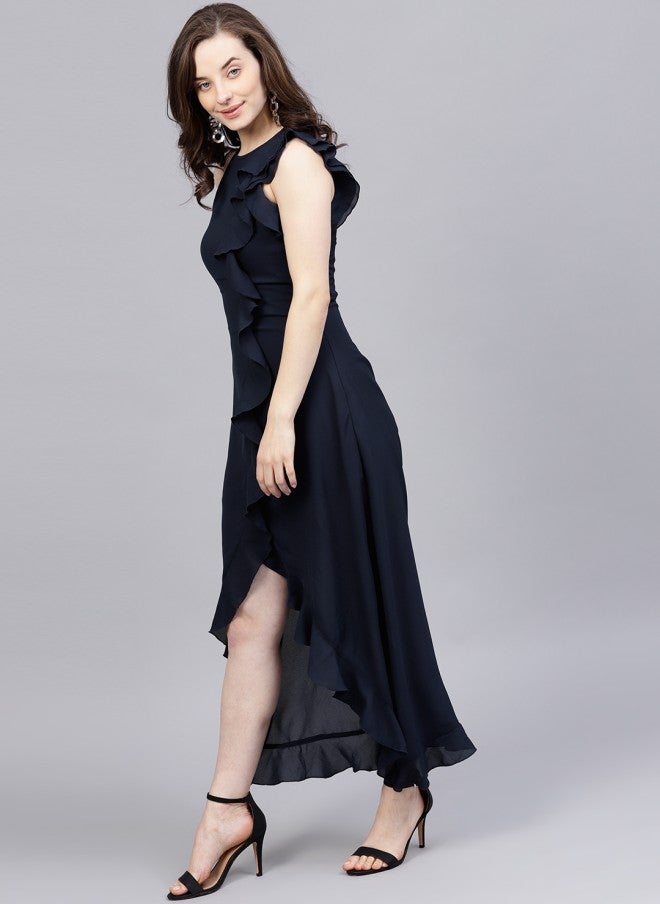 STREET 9 فستان ماكسي أزرق كحلي مكشكش للنساء - Image 4