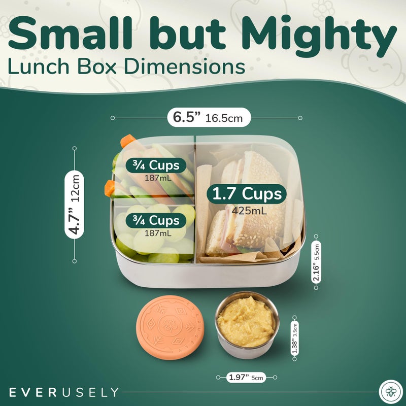 Everusely - Bento Box for Kids - Green, 6.5x4.7 / 27oz - Stainless Steel Lunch Box w/Leakproof Condiment Container - 3 Compartment Snack Box for School, Office Meals - Freezer & Dishwasher Safe - Image 2