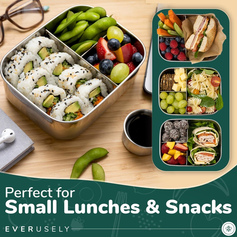Everusely - Bento Box for Kids - Green, 6.5x4.7 / 27oz - Stainless Steel Lunch Box w/Leakproof Condiment Container - 3 Compartment Snack Box for School, Office Meals - Freezer & Dishwasher Safe - Image 3