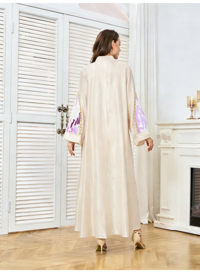 Kaiyuede Dubai Ivory All-Over Sequin Abaya with Purple Gradient Embroidery | Mandarin Collar Opaque Lined Modest Dress for Eid & Wedding - Image 4