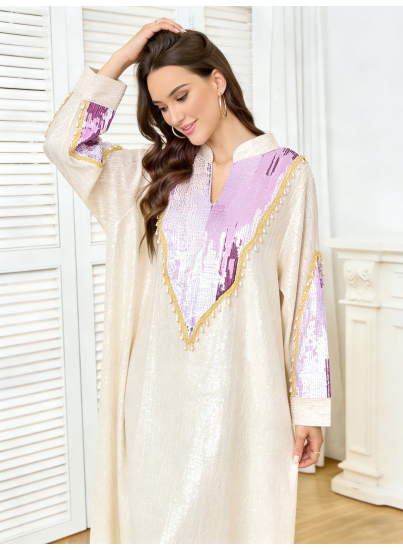 Kaiyuede Dubai Ivory All-Over Sequin Abaya with Purple Gradient Embroidery | Mandarin Collar Opaque Lined Modest Dress for Eid & Wedding - Image 3