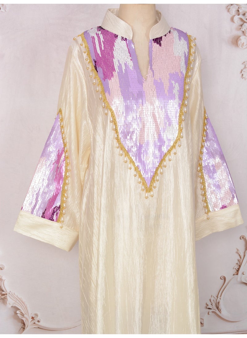Kaiyuede Dubai Ivory All-Over Sequin Abaya with Purple Gradient Embroidery | Mandarin Collar Opaque Lined Modest Dress for Eid & Wedding - Image 2