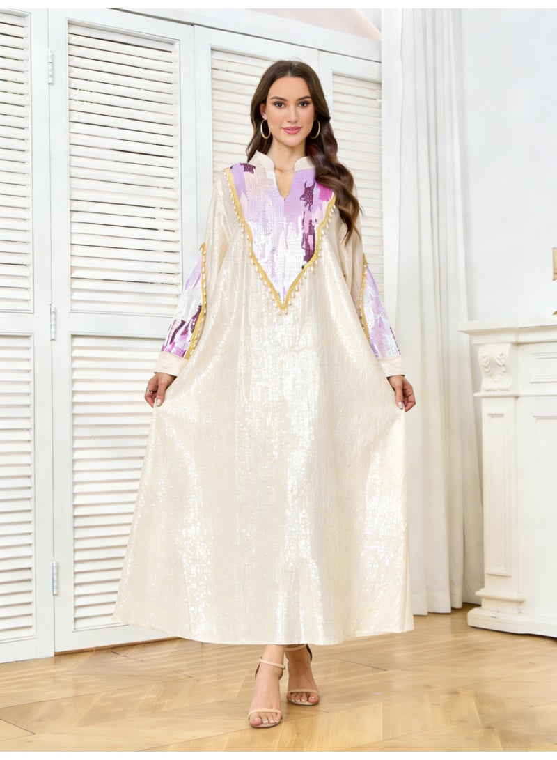 Kaiyuede Dubai Ivory All-Over Sequin Abaya with Purple Gradient Embroidery | Mandarin Collar Opaque Lined Modest Dress for Eid & Wedding - Image 1