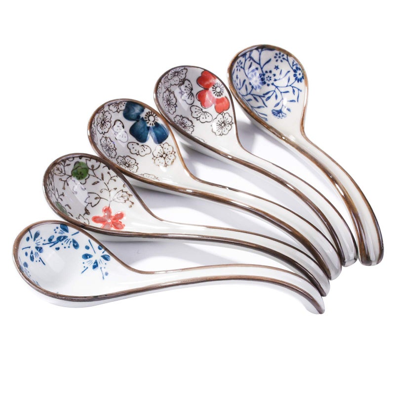 Japanese and Korean Large Ceramic Soup Spoon Set of 5 HandPainted Long Handle Rice Spoons