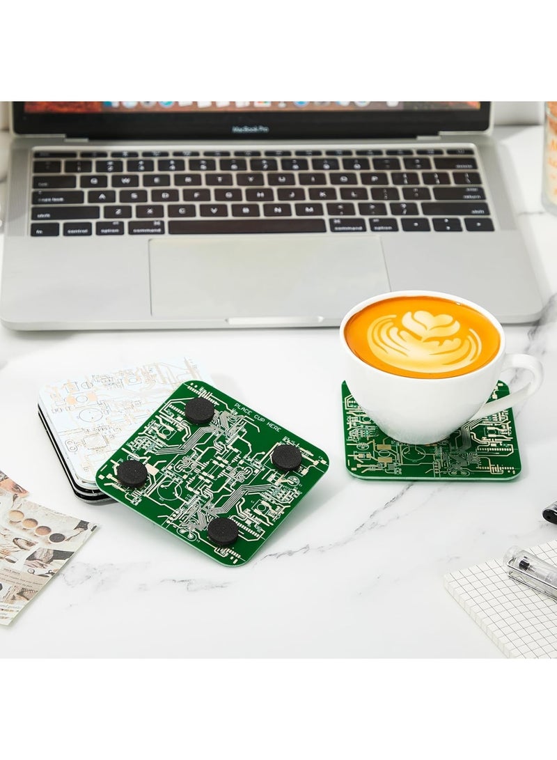 SOLARAE PCB Coasters, 4 Pcs Circuit Board Coasters, Funny Coasters Desk Decor, Men Funny Drink Coasters with Anti-Slip Pad, for Coffee Table Geeks Engineer Boyfriend Dads Gifts, Green - Image 2