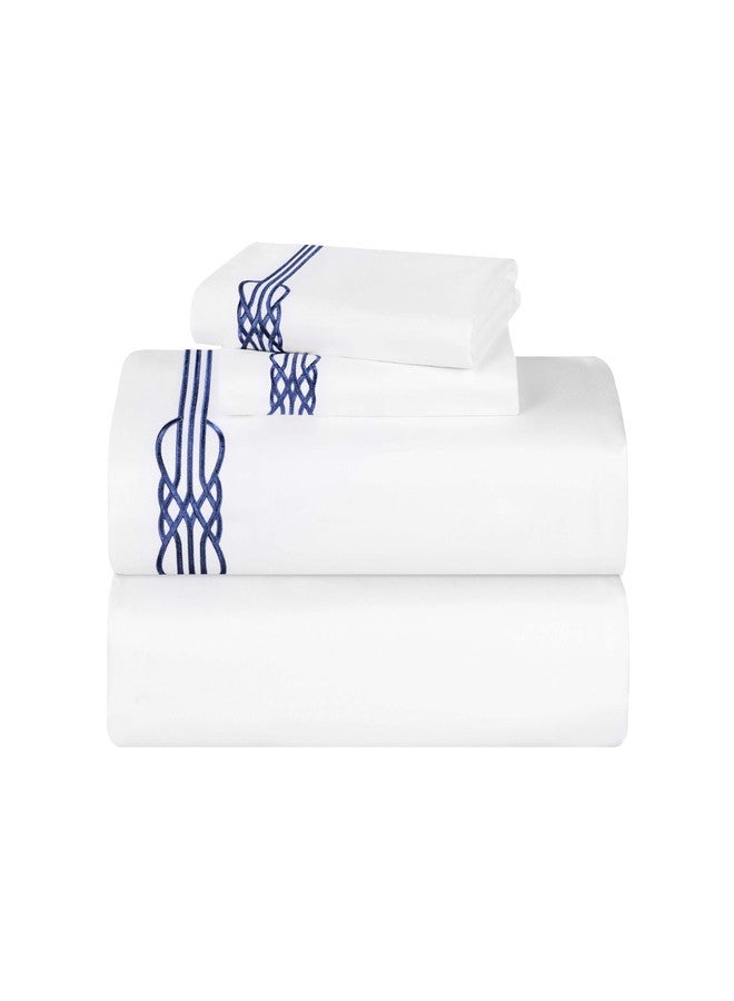 Superior Embroidered Cotton Bed Sheet Set, 1 Elastic Deep Pocket Fitted Sheet, 1 Flat Sheet, 2 Pillowcases, Daily Soft Sheets, Luxury, Elegant Design, Moonlawn Collection, Queen Size, White/Navy Blue - Image 2