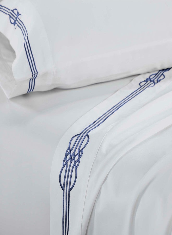 Superior Embroidered Cotton Bed Sheet Set, 1 Elastic Deep Pocket Fitted Sheet, 1 Flat Sheet, 2 Pillowcases, Daily Soft Sheets, Luxury, Elegant Design, Moonlawn Collection, Queen Size, White/Navy Blue - Image 4
