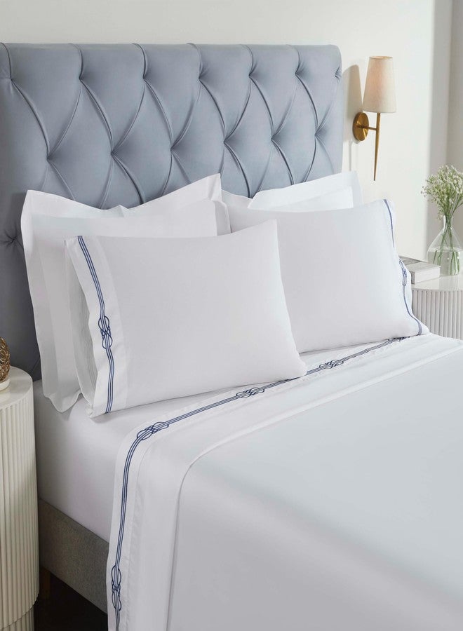 Superior Embroidered Cotton Bed Sheet Set, 1 Elastic Deep Pocket Fitted Sheet, 1 Flat Sheet, 2 Pillowcases, Daily Soft Sheets, Luxury, Elegant Design, Moonlawn Collection, Queen Size, White/Navy Blue - Image 1
