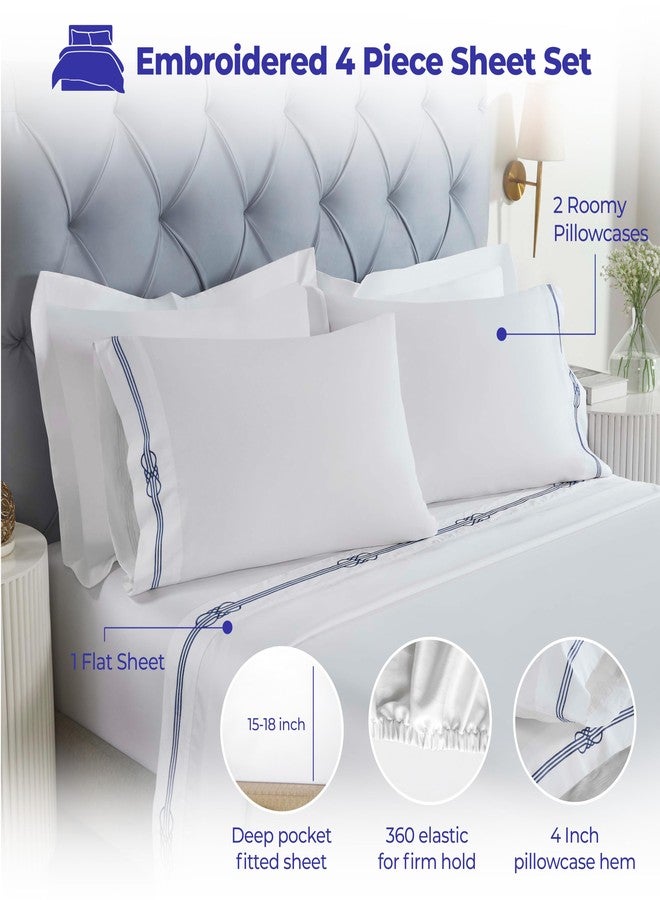 Superior Embroidered Cotton Bed Sheet Set, 1 Elastic Deep Pocket Fitted Sheet, 1 Flat Sheet, 2 Pillowcases, Daily Soft Sheets, Luxury, Elegant Design, Moonlawn Collection, Queen Size, White/Navy Blue - Image 5
