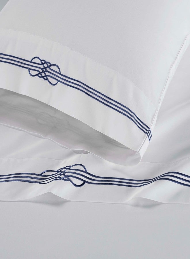 Superior Embroidered Cotton Bed Sheet Set, 1 Elastic Deep Pocket Fitted Sheet, 1 Flat Sheet, 2 Pillowcases, Daily Soft Sheets, Luxury, Elegant Design, Moonlawn Collection, Queen Size, White/Navy Blue - Image 3