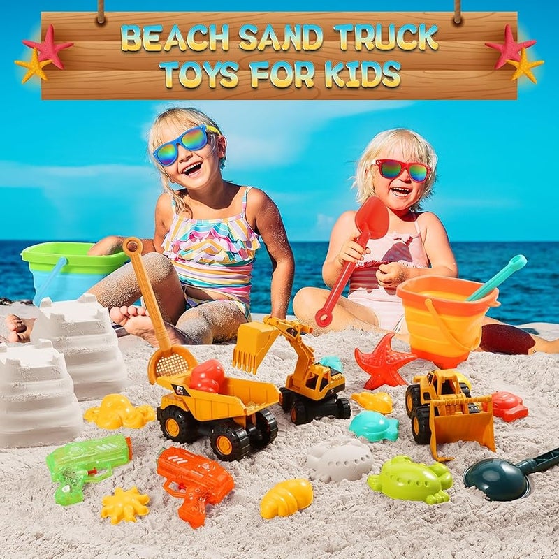 HUITEM Beach Toys for Kids, Sand Toys with 2 Collapsible Beach Bucket,3 Dump Truck,2 Sunglasses,Ocean Molds,Sandbox Shovel,2 Mesh Bag Sand Castle Building Kit Travel Beach Essentials for Toddler 3-10 - Image 3