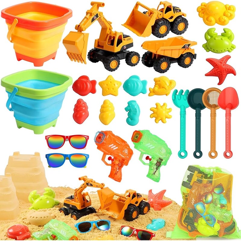 HUITEM Beach Toys for Kids, Sand Toys with 2 Collapsible Beach Bucket,3 Dump Truck,2 Sunglasses,Ocean Molds,Sandbox Shovel,2 Mesh Bag Sand Castle Building Kit Travel Beach Essentials for Toddler 3-10 - Image 1