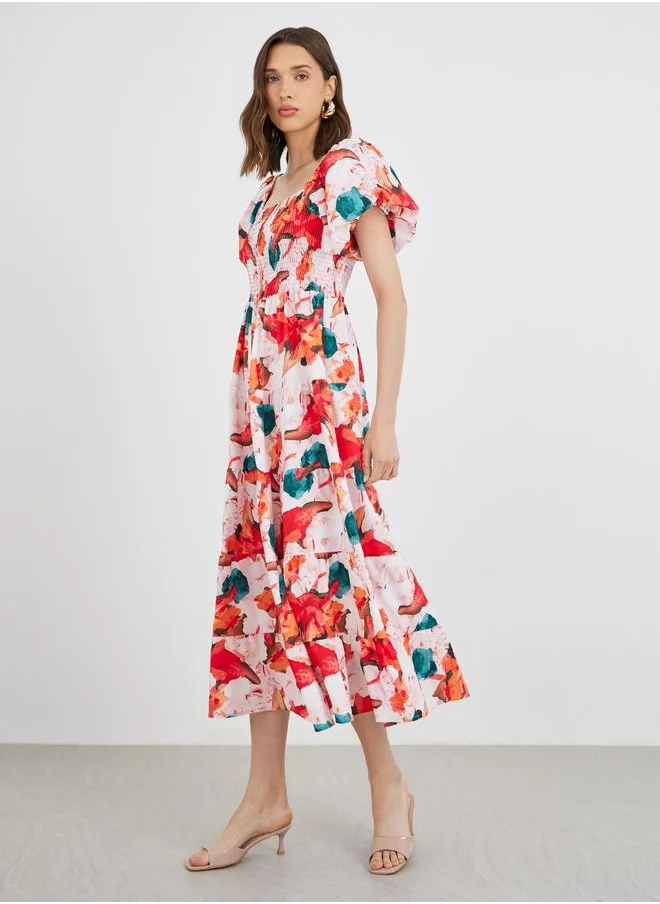 Take Two Take Two Puff Sleeves Floral Print Smocking Detail Midi Dress