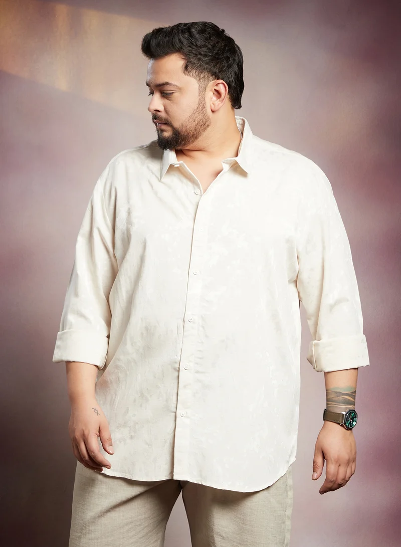 Instafab Plus Instafab Plus Men's Daisy White Splatter Self-Texture Shirt For Casual Wear | Spread Collar | Long Cuffed Sleeves | Button Closure | Plus Size Shirt Crafted With Comfort Fit For Everyday Wear