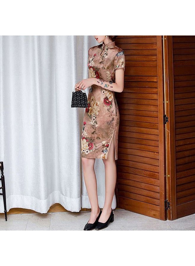 StarDY Vintage Floral Print Midi Cheongsam Qipao Dress Mandarin Collar Keyhole Short Sleeve Chinese Style Party Dress, Rose Gold, L - Image 5