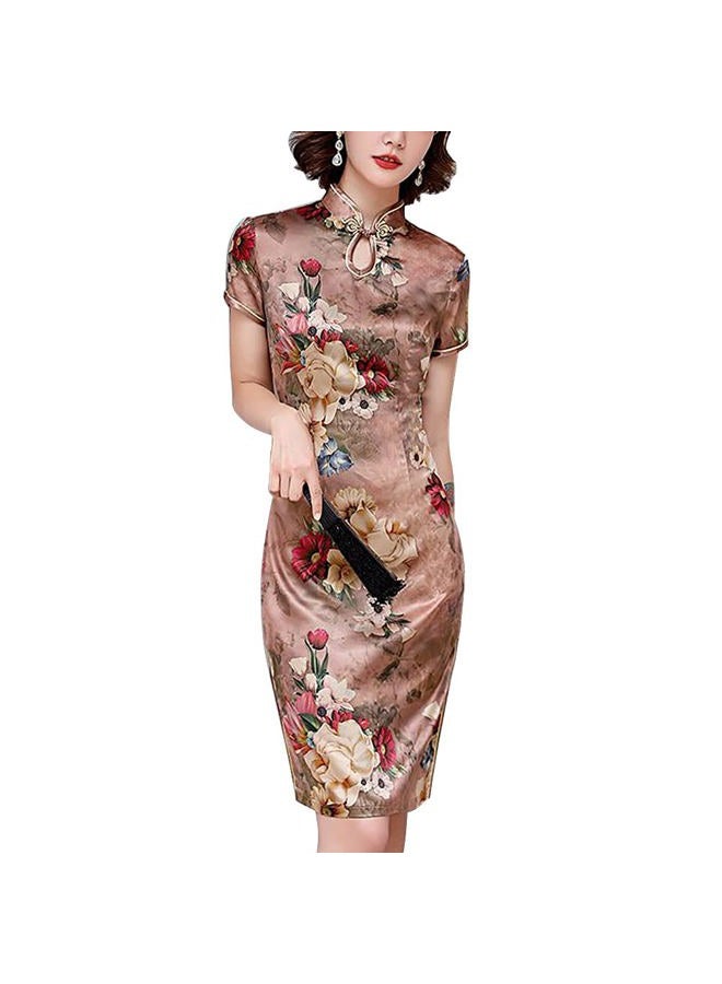 StarDY Vintage Floral Print Midi Cheongsam Qipao Dress Mandarin Collar Keyhole Short Sleeve Chinese Style Party Dress, Rose Gold, L - Image 1