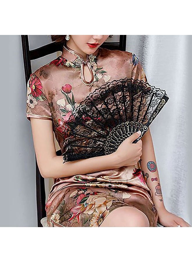 StarDY Vintage Floral Print Midi Cheongsam Qipao Dress Mandarin Collar Keyhole Short Sleeve Chinese Style Party Dress, Rose Gold, L - Image 2