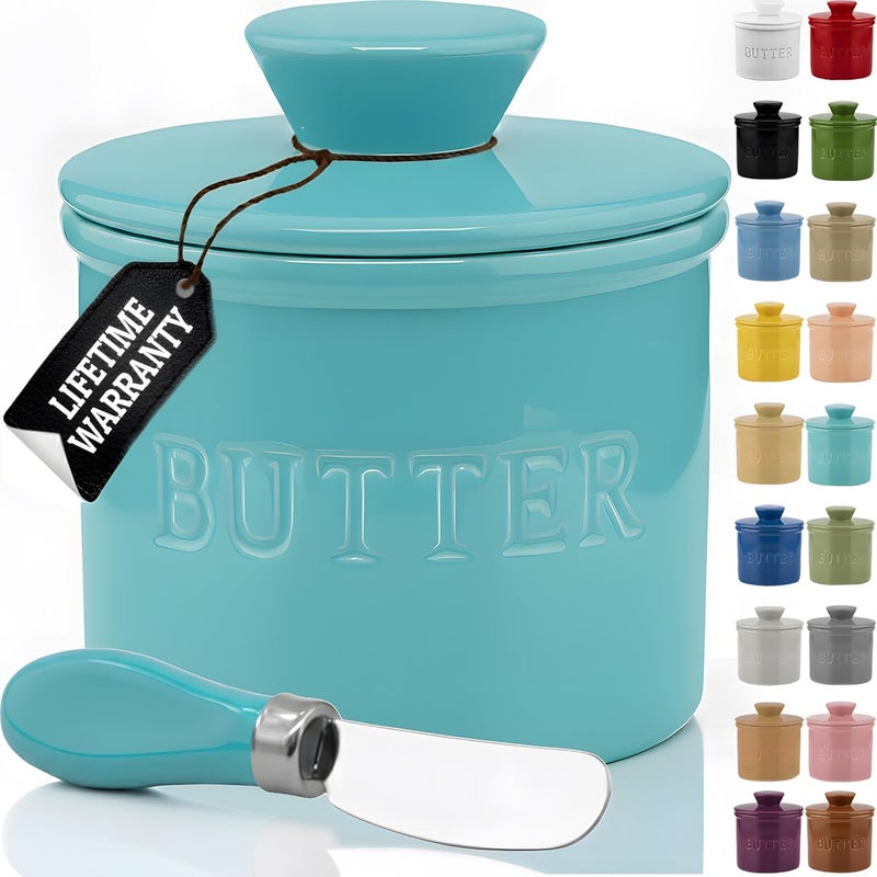 Priority Chef PriorityChef Butter Crock with Lid with Water Line, Ceramic French Butter Dish to Leave On Counter, Cool Green - Image 1