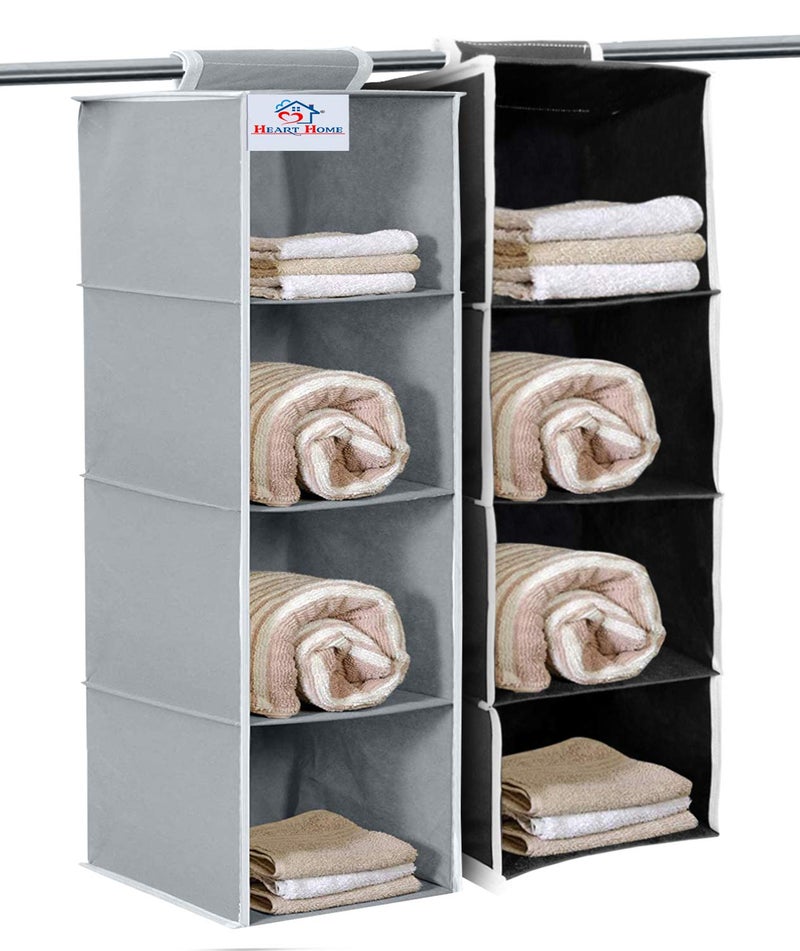 Kuber Industries Heart Home Non Woven Hanging 4 Shelves Foldable WardrobeCloset Cloth Organizer Grey BlackPack of 2HHEART15336 - Image 1