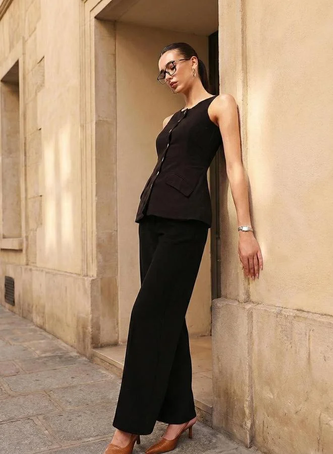دينيس لينغو Black 100% Cotton Solid Tailored Waistcoat