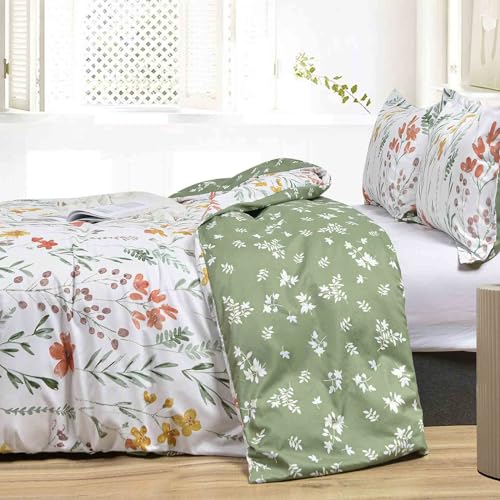 Faincy Floral Duvet Cover Queen Size - White Yellow Flowers And Green Leaf Spring Botanical Printed Microfiber Comforter Cover Set - 3PC 90X90 Soft and Lightweight Quilt Cover, Farmhouse Style for Women men - Image 3