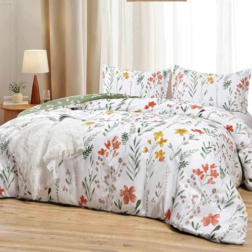 Faincy Floral Duvet Cover Queen Size - White Yellow Flowers And Green Leaf Spring Botanical Printed Microfiber Comforter Cover Set - 3PC 90X90 Soft and Lightweight Quilt Cover, Farmhouse Style for Women men - Image 2