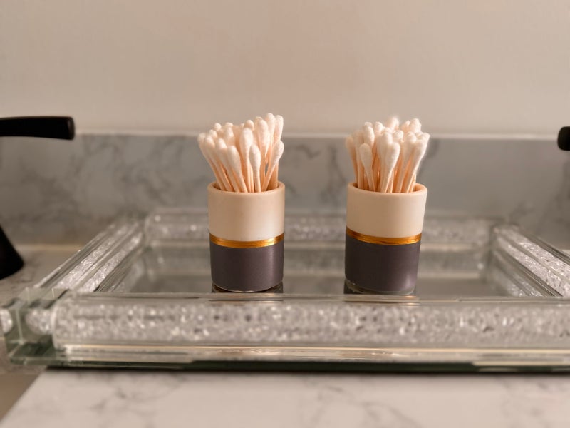 Home Haven Qtip Holder - White/Navy with Gold Stripe - Q Tip Holder for Bathroom, Bathroom Vanity Decor, Floss Pick Holder, Cotton Swab Holder, Bathroom Sink Decor, Flosser Holder, Cute Bathroom Decor - Image 4