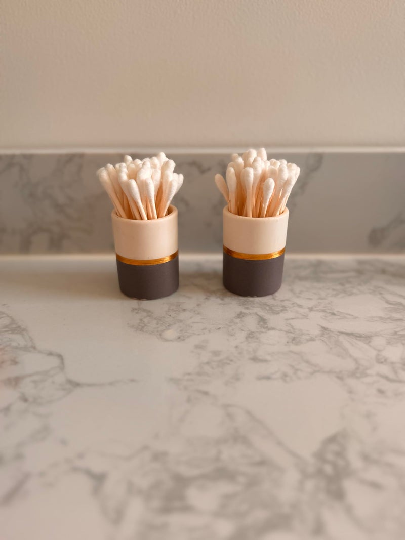 Home Haven Qtip Holder - White/Navy with Gold Stripe - Q Tip Holder for Bathroom, Bathroom Vanity Decor, Floss Pick Holder, Cotton Swab Holder, Bathroom Sink Decor, Flosser Holder, Cute Bathroom Decor - Image 5