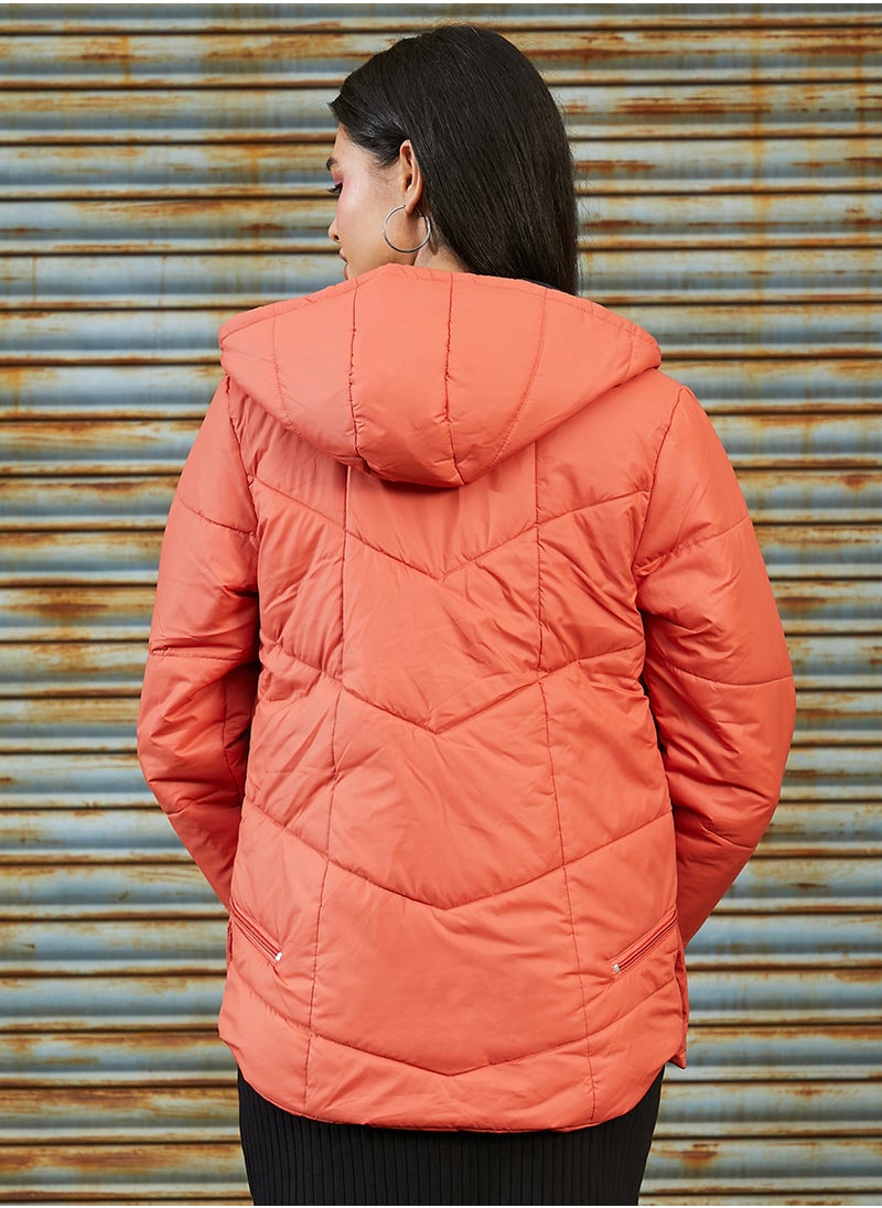 Campus Sutra Women's Pumpkin Orange Boxy Quilted Puffer Jacket  - Image 5