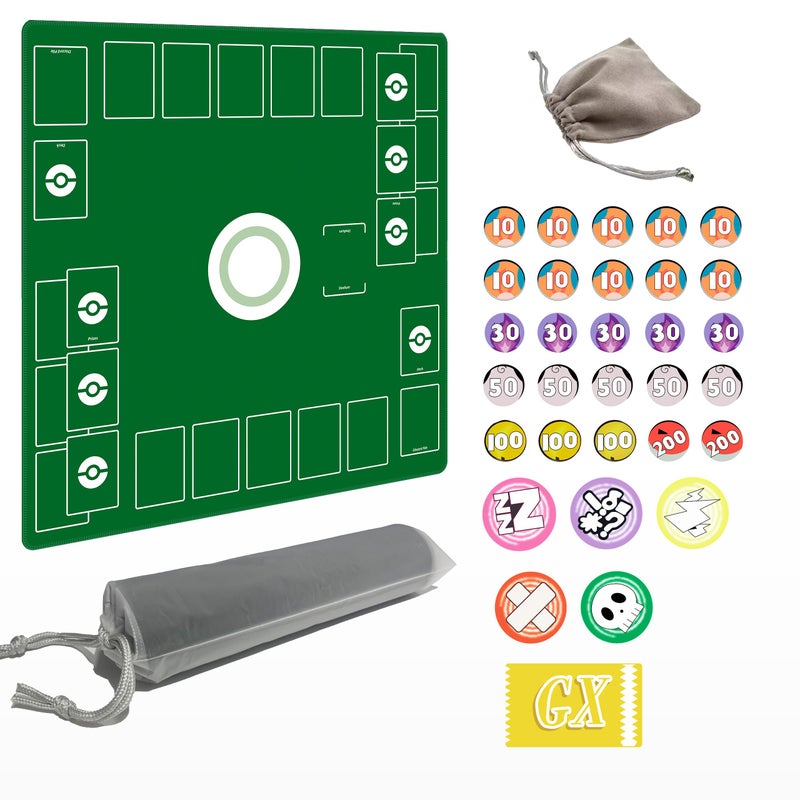 Extalas Playmat for Trading Card Game 2Player Trainer Mat with Damage Counters and Professional Storage Bag Green Large - Image 3