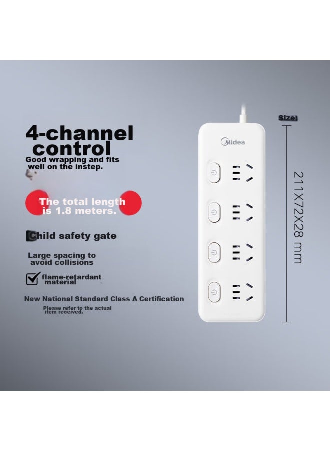 Midea New National Standard Power Strip, Power Bar/extension Cord/power Board/power Strip, Office Power Strip, 4 Outlets With Individual Control, 1.8 Meters, Ep2k4c45 - Image 1