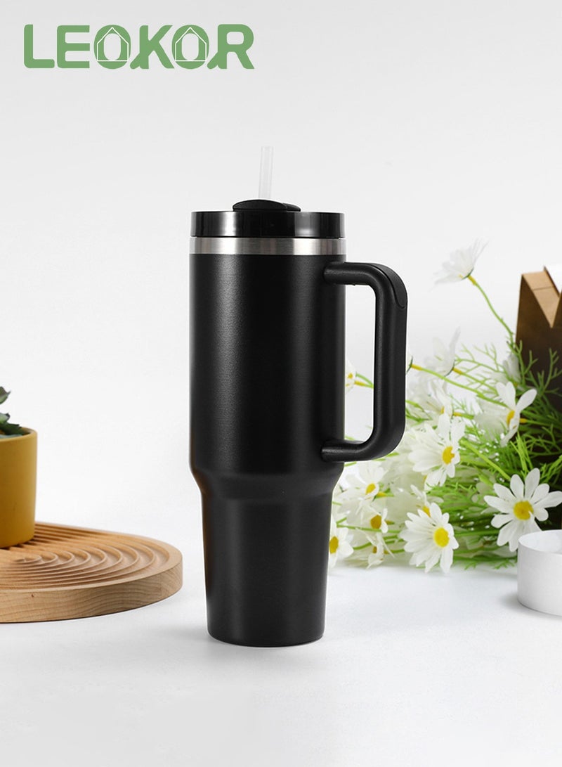 LEOKOR 40oz Travel Vacuum Insulated Water Bottles with Lid and Straw,Leak Proof Mug Cup with Handle for Water, Iced Tea or Coffee, Smoothie and More - Image 1