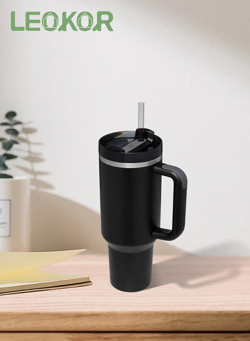 LEOKOR 40oz Travel Vacuum Insulated Water Bottles with Lid and Straw,Leak Proof Mug Cup with Handle for Water, Iced Tea or Coffee, Smoothie and More - Image 2
