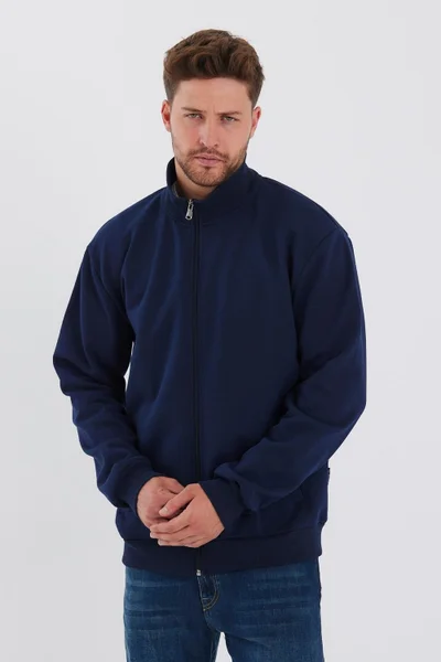mmetalic Men's Navy Blue Cardigan with Zippered Stand Collar and Side Pockets, Cotton Inside