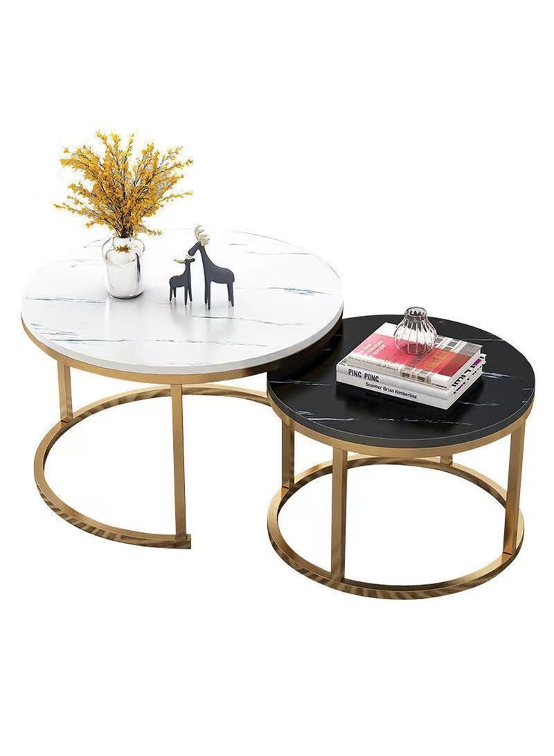 EqiEch Round Coffee Table Set Of 2, Nesting Table with Marble Pattern for Living Room Office Dining Room Balcony - Image 1