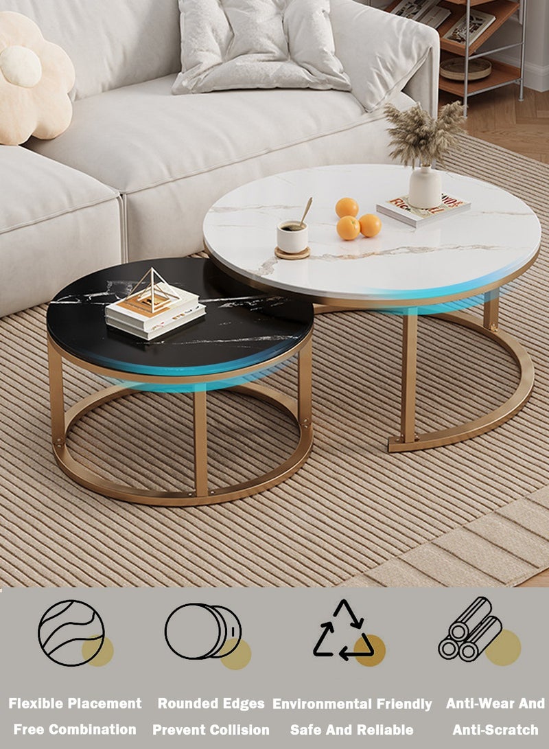 EqiEch Round Coffee Table Set Of 2, Nesting Table with Marble Pattern for Living Room Office Dining Room Balcony - Image 3