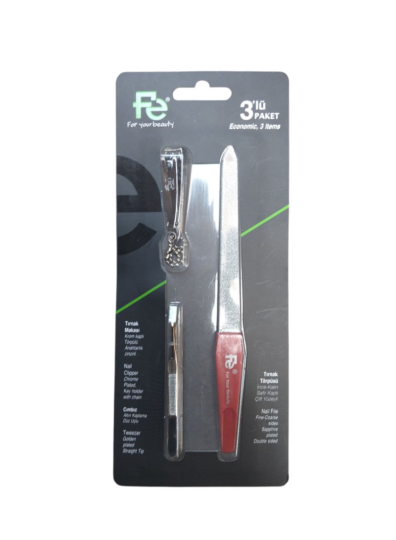 Fe Set 3Pcs (Nail Clipper + Tweezer + Nail Fil) Multicolor - Image 2