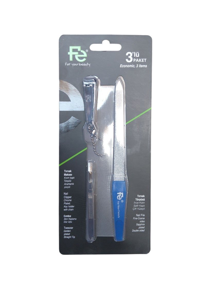 Fe Set 3Pcs (Nail Clipper + Tweezer + Nail Fil) Multicolor - Image 1